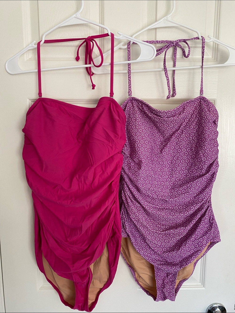 Set of Two J.Crew Ruched One-Piece Swimsuits — Fuchsia & Lavender Print